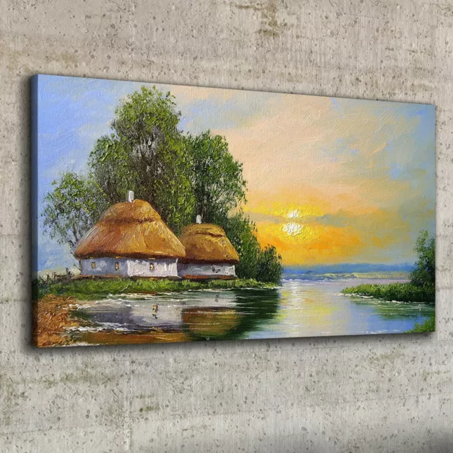 Canvas Wandbild Leinwand Bilder 100x50 Ölgemälde Hütte auf dem Land