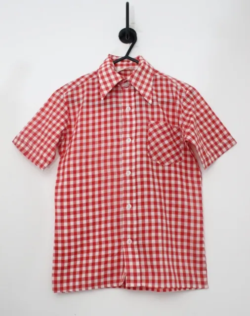Boys Vintage 1970s Shirt Short Sleeves Red White Gingham Check Xmas Top Age 12