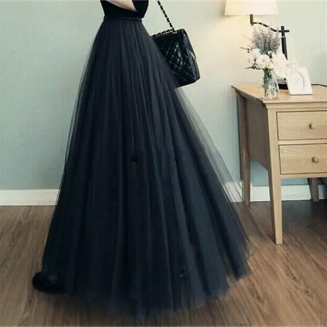 Women Tulle Mesh Full Skirt Maxi Long Dress 3 Layers Pleated Big Swing