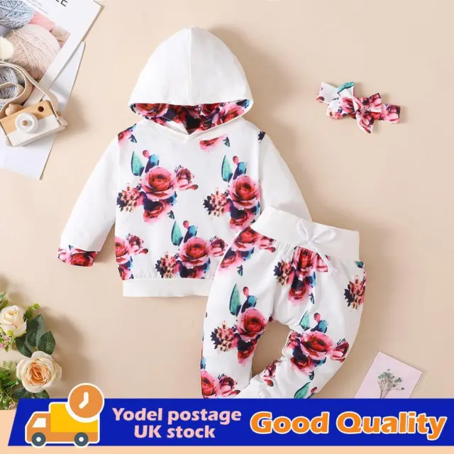 Baby Girls Floral Hooded Tops Pants Headband Outfits Clothes Toddler Kids Set UK