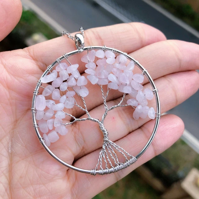 Rose Quartz Stone Tree Of Life Pendant Necklace Chakra Reiki Healing Amulet