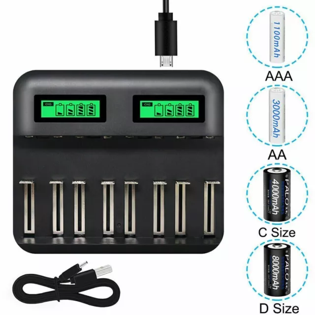 8Slot LCD Smart Rechargeable Fast Battery Charger for AA/AAA/C/D Ni-MH/Ni-Cd USB