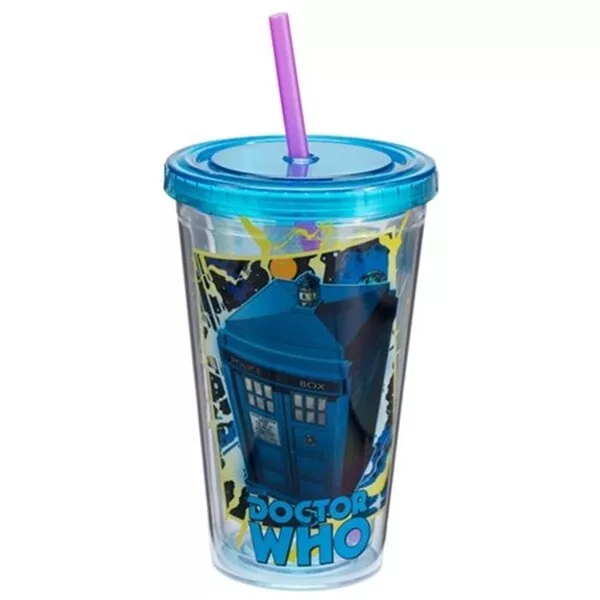 Doctor Who Tardis Dalek and Cyberman Art 18 oz Acrylic Travel Mug Cup with Straw