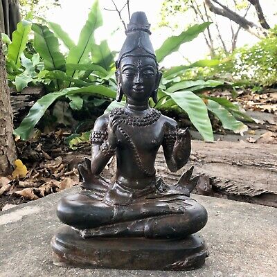 11.4" Khmer God Thailand Antique Hermit Buddha Statue Pointy Hat Buddhism Art