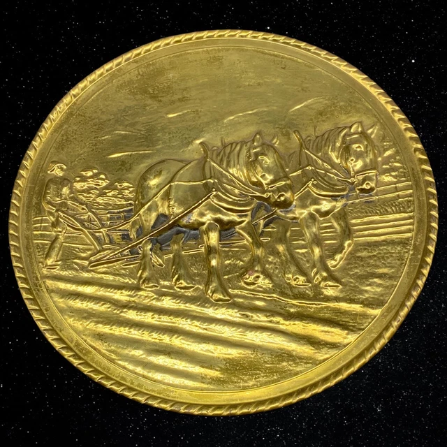 Vintage Brass Wall Hanging Plaque Plate Horse Scenery 11”D