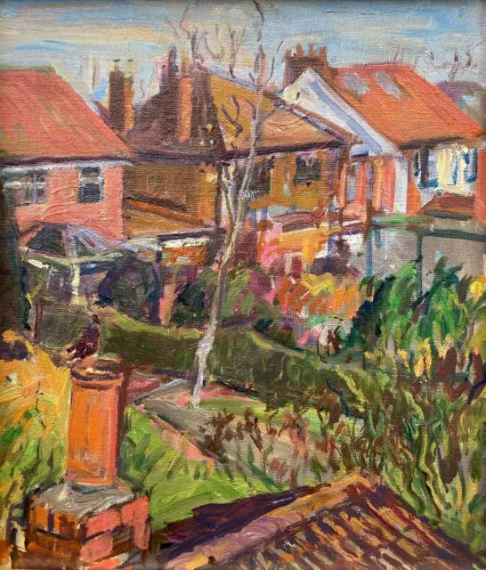 Early C20th Vintage Northern Art Oil Painting Roof Tops & Garden Landscape