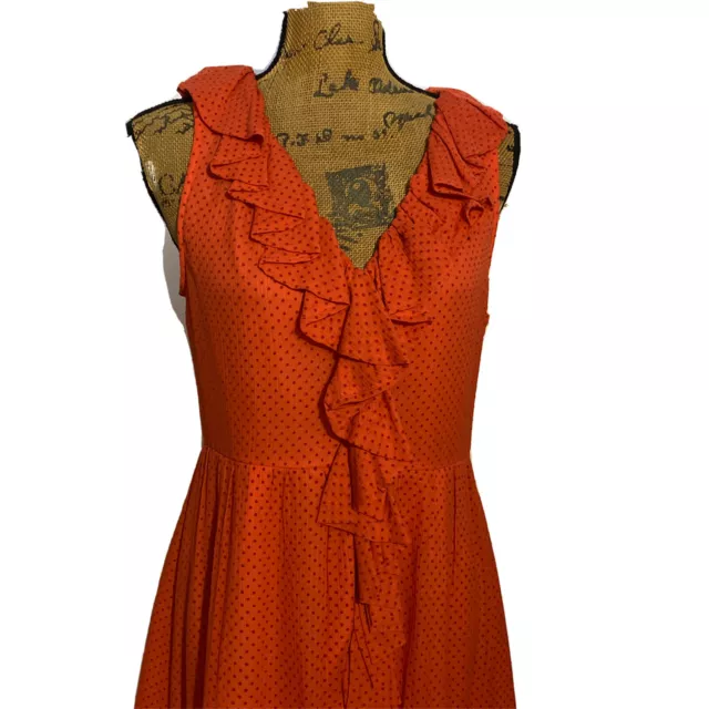 Marc Jacobs Dress 10 100% Silk Coral Orange Burgundy Polka Dot Ruffle Wrap Party 2