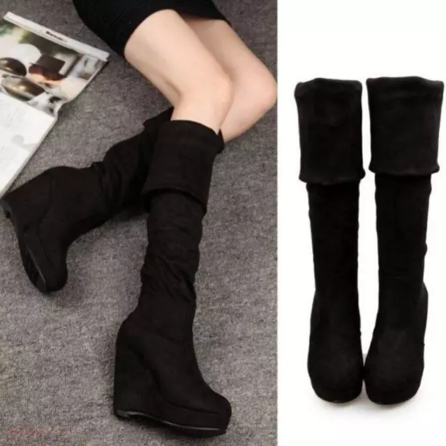 Women's fur Over The Knee High Boots Faux Suede Wedge Heel Platform Shoes size