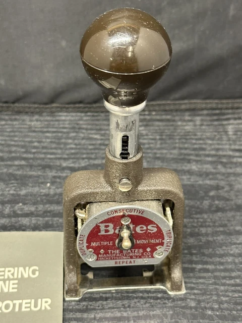 Vintage Bates E Repeat/Consecutive Number Stamp Machine 6 Wheel Box Instructions