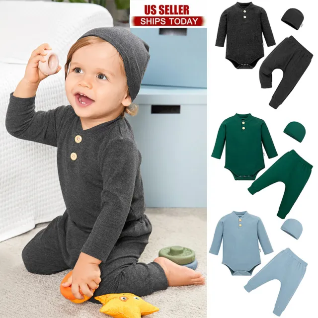 Newborn Baby Boy Girl Clothes Ribbed Romper Jumpsuit Bodysuit Pants Outfits Set