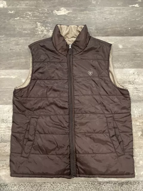 ARIAT VEST MEN XL Brown Tan Puffer Reversible Quilted Outdoor Hiking ...