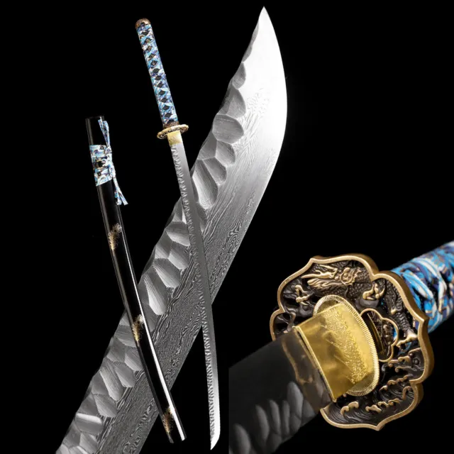 Japanese Samurai Damascus Steel Sword Full Tang Battle Ready Sharp Brass Tsuba