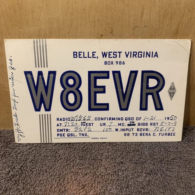 VINTAGE HAM RADIO QSL CARD 1950 Belle, West Virginia 19.20 PicClick