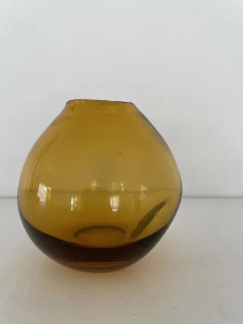 Hand Blown Smooth Amber Glass Short Round Bud Vase MCM Decor