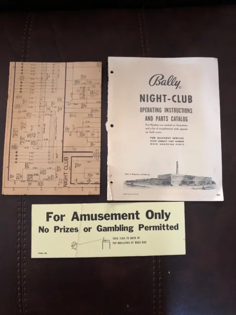 1956 Bally NIGHT CLUB Bingo Operating Instructions Schematic And Gambling Sign