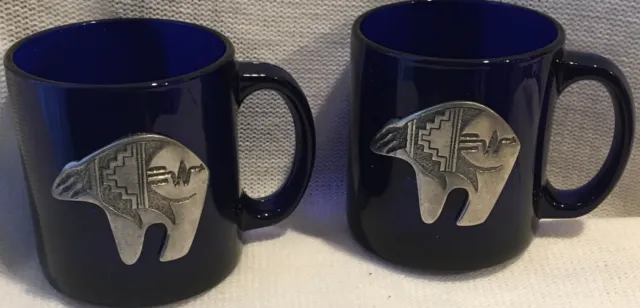 Cobalt Blue Glass Mugs With Pewter Fetish Bear Emblem Set Of 2 Made In Usa
