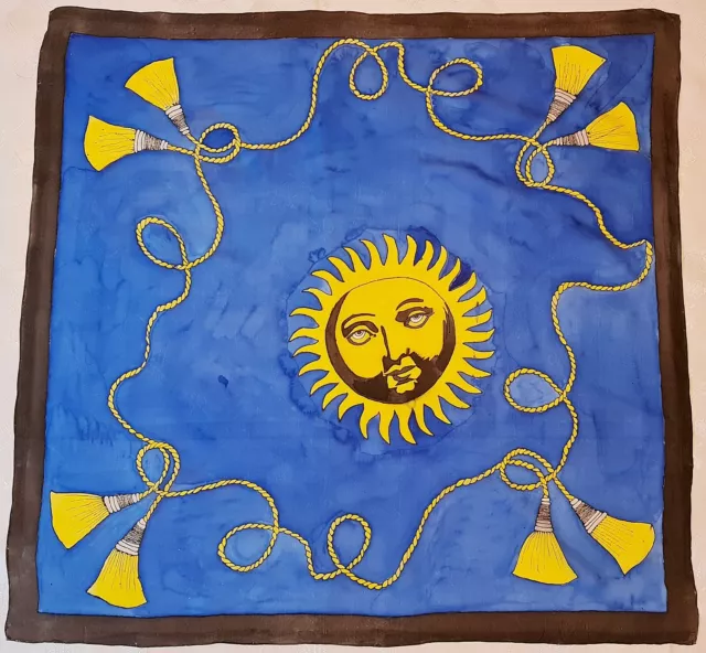 Scarf Vintage Hand Painted Astrology Art Sun Tassels Blue Yellow Silk 35"Square