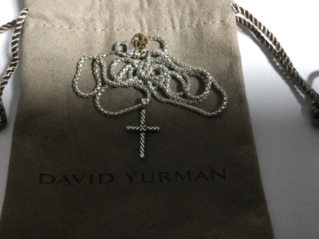 David Yurman Sterling Silver diamond cross Box Chain Necklace with 14k gold 24”