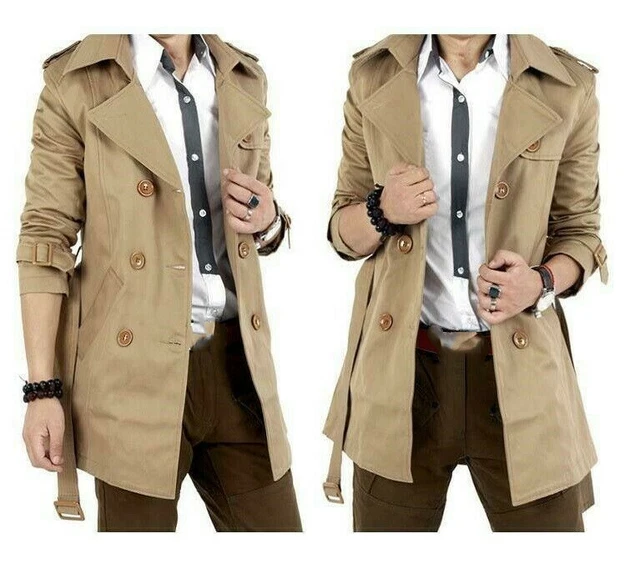 Mens Slim Double Breasted Trench Coat Long Jacket Overcoat Outwear Winter