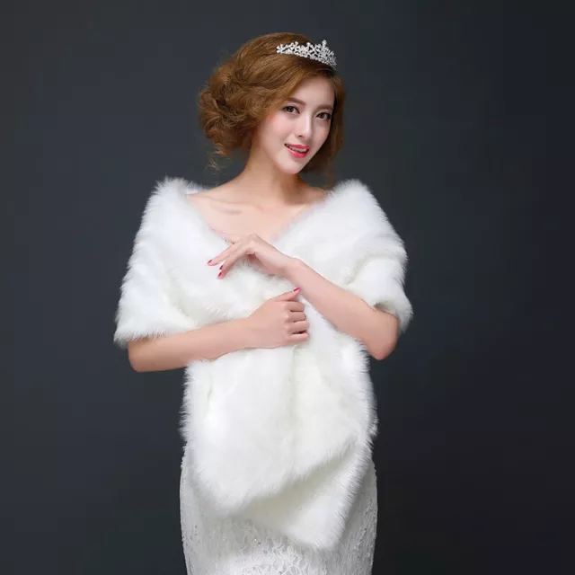 Womens Faux Fur Long Shawl Stole Wrap Scarf Cape Coat White Bridal Wedding Warm
