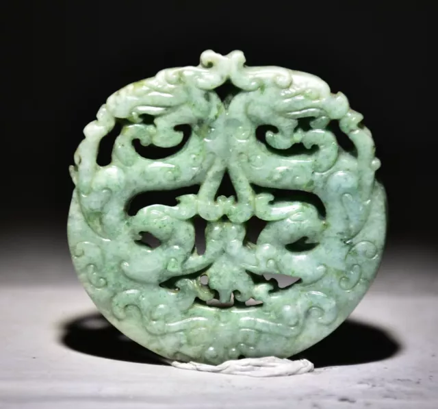 6.5cm Old Chinese Green Jade Carved Dynasty Dragon Phoenix Yu Bi Amulet Pendant