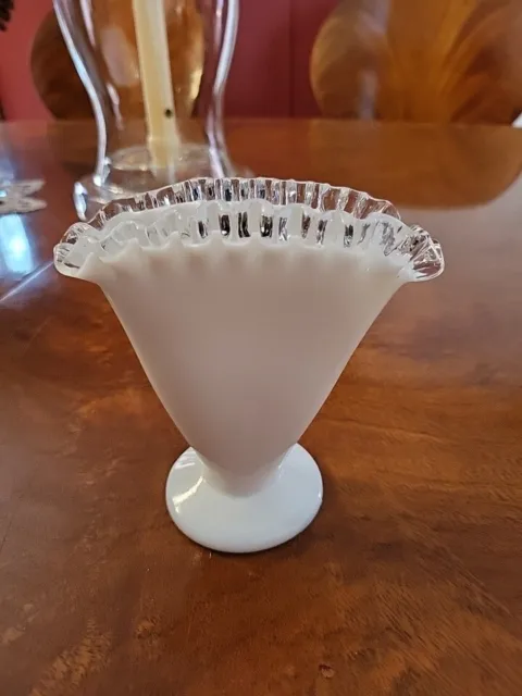 Fenton Small Silver Crest Fan Vase Ruffled Edge White Milk Glass Vintage 4 1/4"