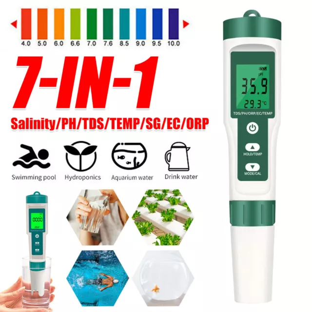 7 In 1 Digital Salinity PH EC TDS Temp Meter Water Quality Tester Pen Monitor