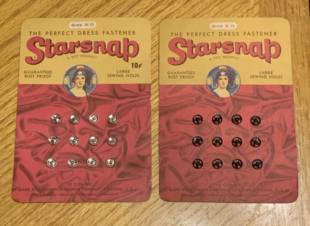 VINTAGE STARSNAP DRESS FASTENER CARDS SIZE 3/0  12 Count (Black and Silver)