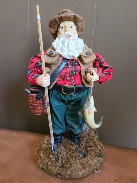 Fishing Santa Claus with Pole Basket and Fish 12" Tall Christmas Figure