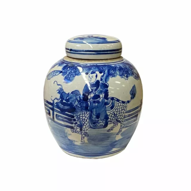 Chinese Oriental Small Blue White Porcelain Kirin Kid Ginger Jar ws1865