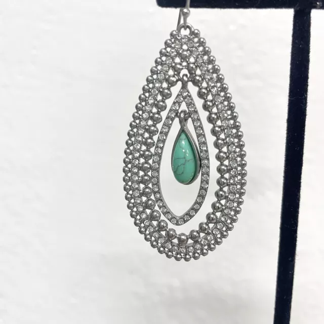 Jessica Simpson Silver Tone Crystal Turquoise Drop Dangle Teardrop Earrings 3