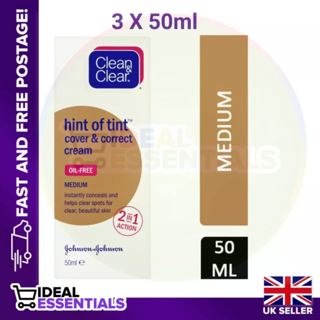 3 X CLEAN & CLEAR HINT OF TINT COVER & CORRECT CREAM MEDIUM 50ML Pack of 3