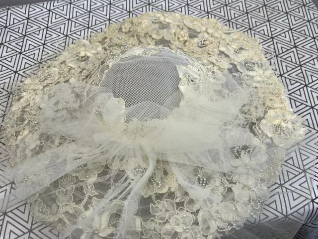 vintage Bridal Wedding Hat pearl and lace Wide Brim Net Vail 80s Ivory Beige