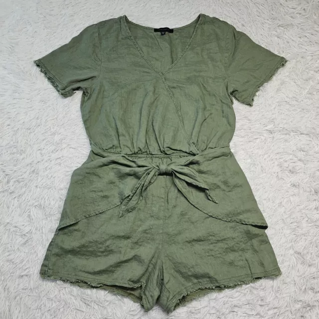 Womens Sanctuary Green 100% Linen V-Neck Wrap Tie Short Sleeve Romper Medium