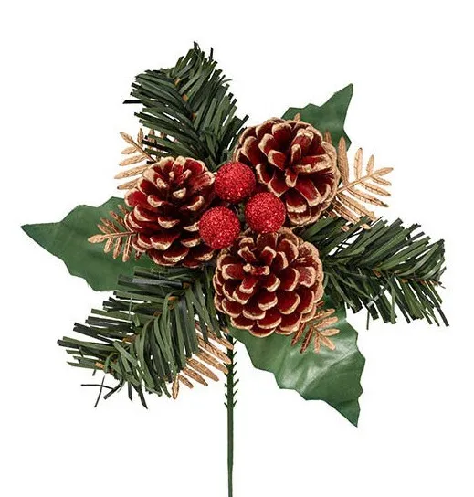 4 CHRISTMAS PICKS pine cone gold red green hampers gifts cake topper decorations