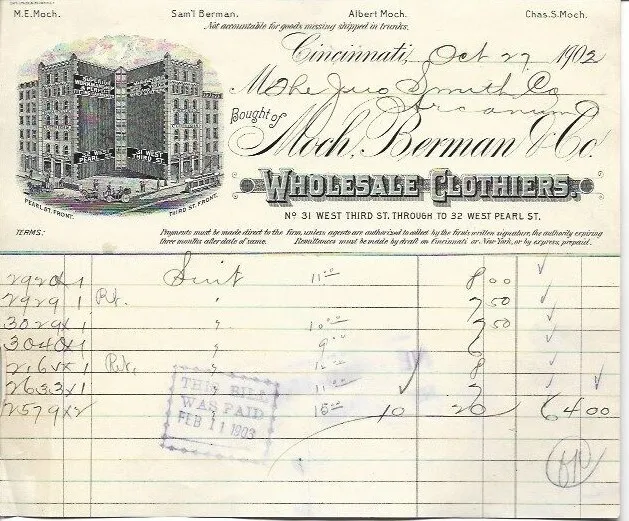 Moch, Berman & Co Cincinnati OH 1902 Billhead Wholesale Clothiers