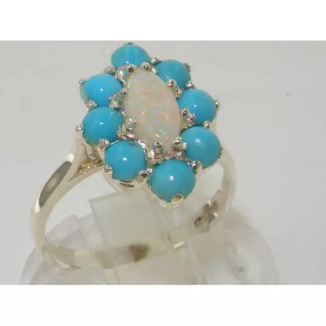 Solid 925 Sterling Silver Natural Opal & Turquoise Womens Cluster Ring