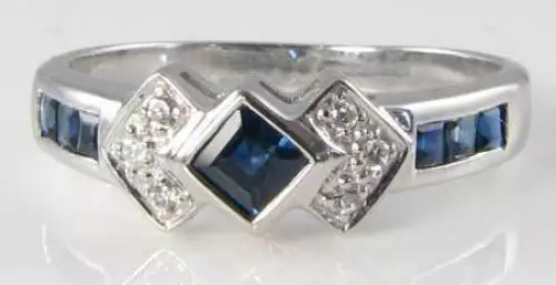 Stunning 9K 9Ct White Gold Art Deco Ins Sapphire & Diamond Ring Free Resize