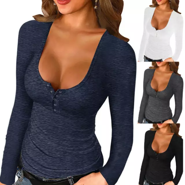 Sexy Women Casual Slim Tops Blouse T Shirt V Neck Long Sleeve Button Tee Ladies