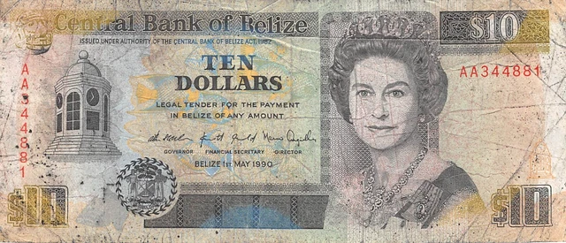 Belize  $10  1.5.1990  Series  AA  Que. II  Circulated Banknote WT