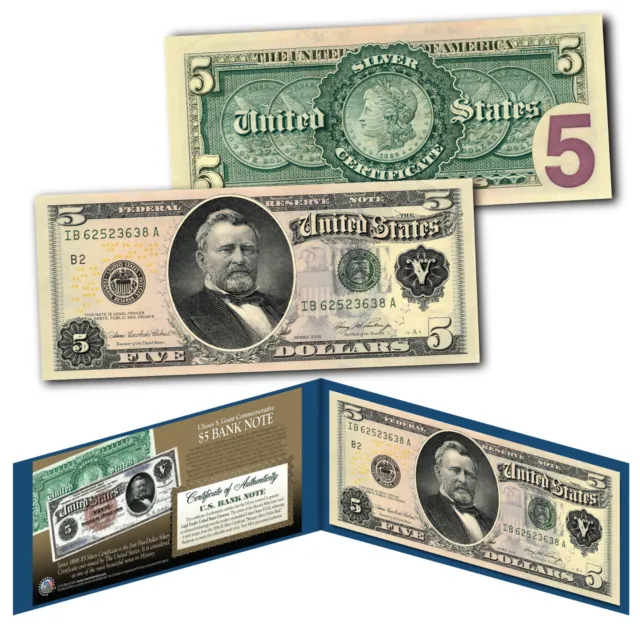 1886 Morgan Silver Dollar Back $5 Silver Certificate Banknote on Modern $5 Bill