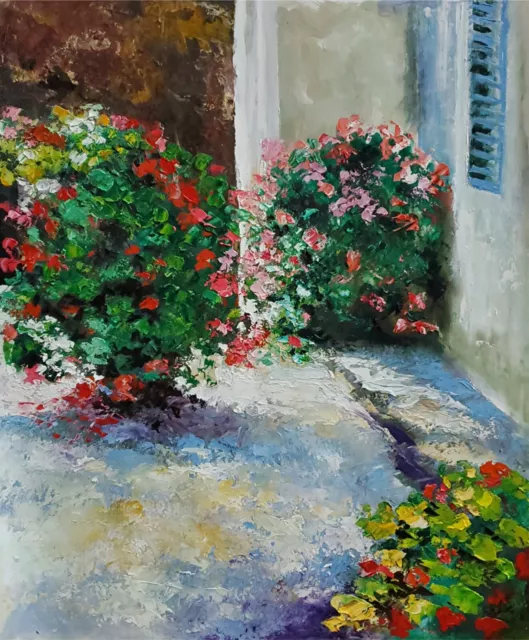 YARY DLUHOS Garden Patio Flowers Still Life Floral Original Art Oil Painting