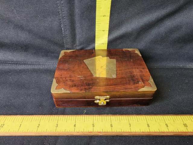 Antique Cast Yellow Brass Ace Of Spades Inlaid Wooden Trinket Card Jewelry Box