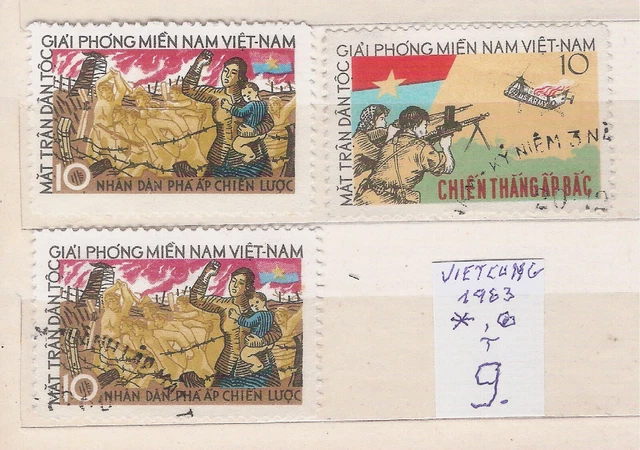 VIETCONG, VIETNAM 1963 - 1 unused ; 2 used, set, VF (Alb.17 - 9)