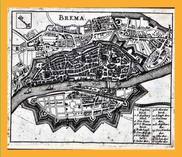 Bremen Stadtplan "Brema" von Zeiller Kupferstich 1656 gerahmt Ebay-Sonderpreis!