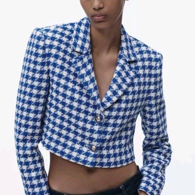 ZARA JACKET SIZE M Blue Houndstooth Check Cropped BNWT 49.99 PicClick UK