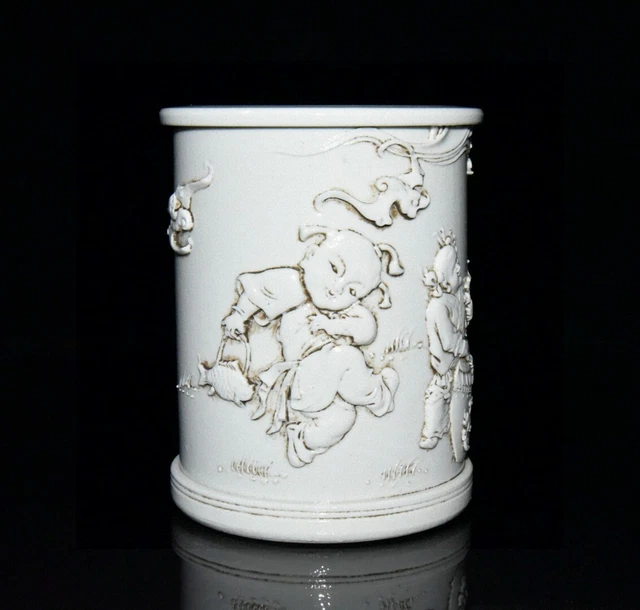 5.4"  republican Wang Bingrong mark white porcelain caverd infant play brush pot