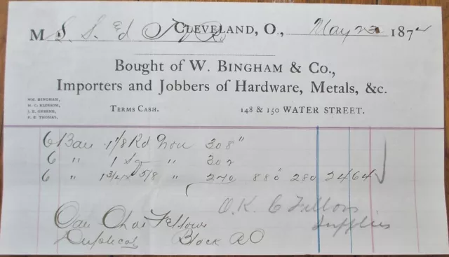 Cleveland, OH 1874 Letterhead, Hardware and Metal, W. Bingham Co., Ohio