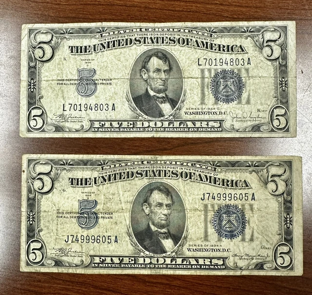 Qty: (2) 1934 Five Dollar Blue Seal Notes. Silver Certificate Old US Bill $5