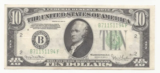 1934-D $10 Dollar Bill Federal Reserve Note FRN New York 194F-ZCF